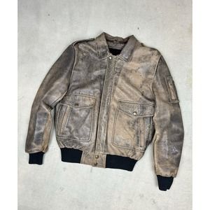 Vintage Brown Leather Distressed Lined Zip Up Bomber Jacket Size 40 Medium